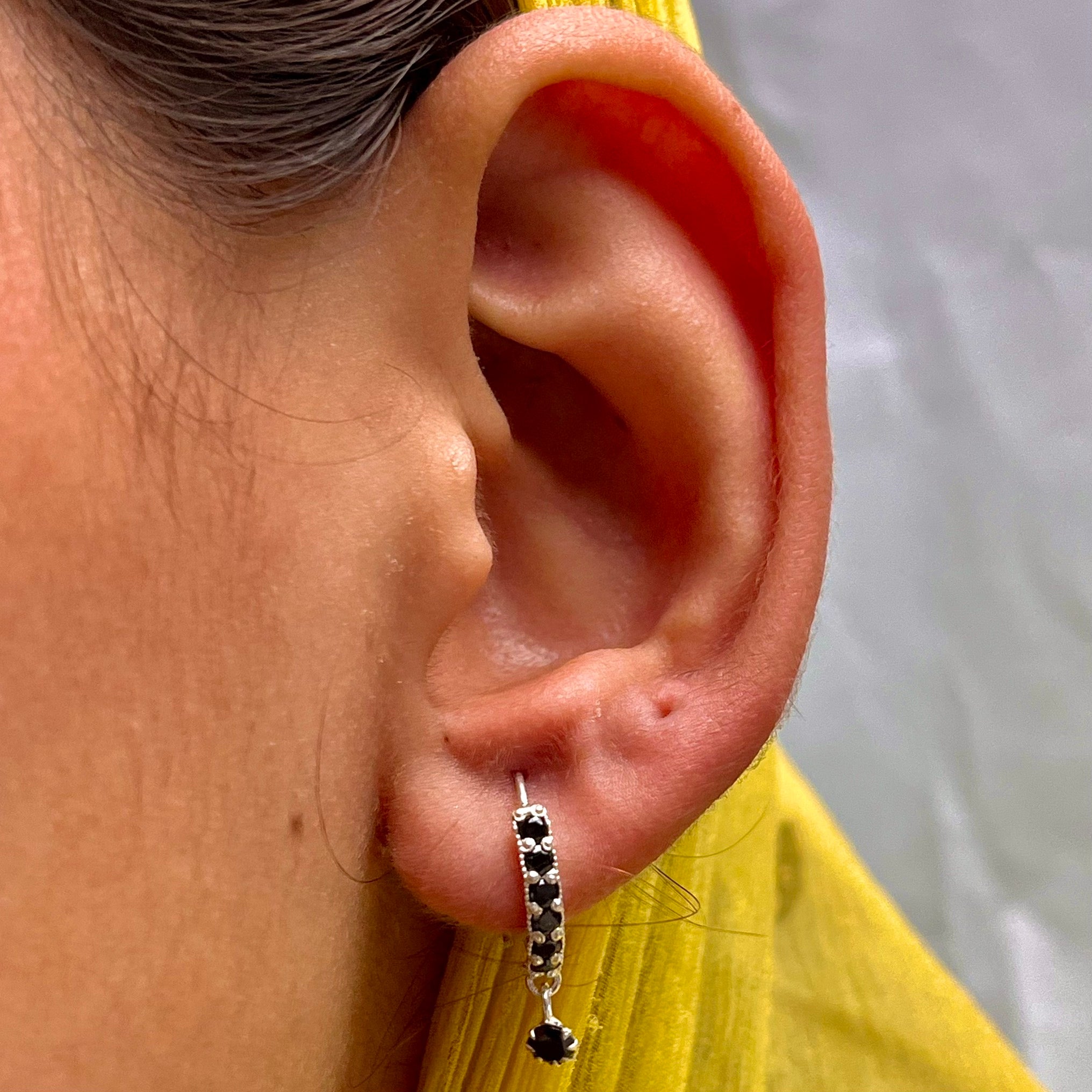 Stone Bar & Drop Hoop Earrings — 925 Silver | Black CZ | 12mm | Nickel-Free | 18G