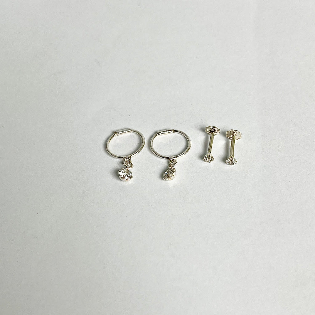 Plain Hanging Stone Hoops + 2mm Studs Set (2 Pairs) – 925 Sterling Silver Minimal Combo
