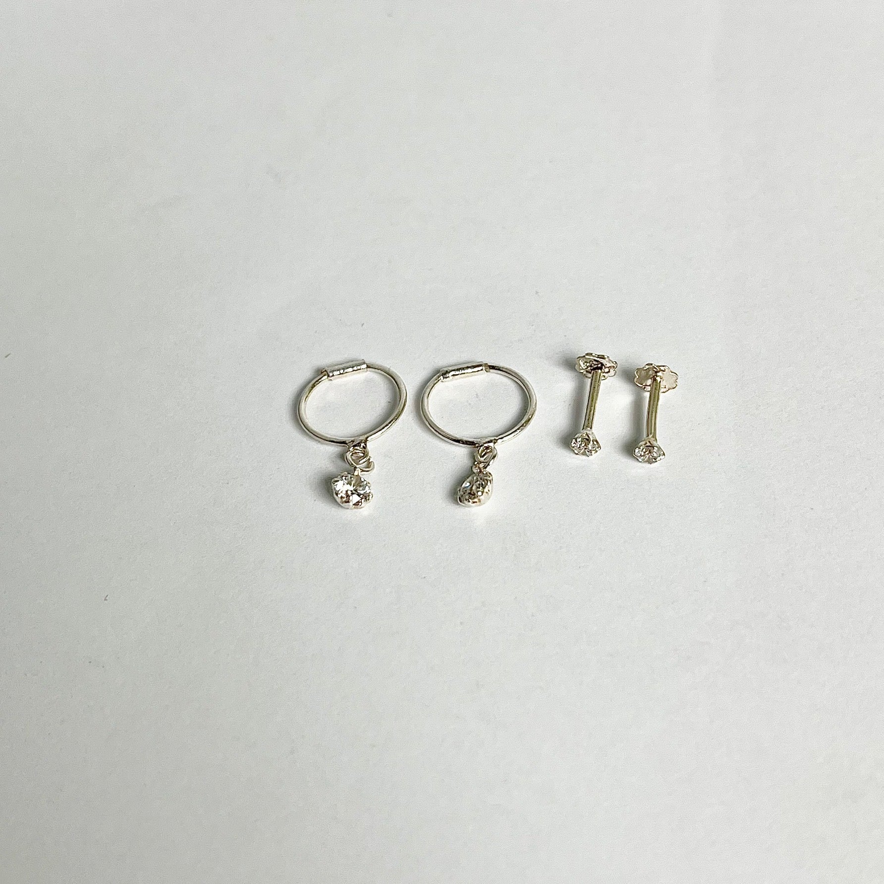 Plain Hanging Stone Hoops + 2mm Studs Set (2 Pairs) – 925 Sterling Silver Minimal Combo