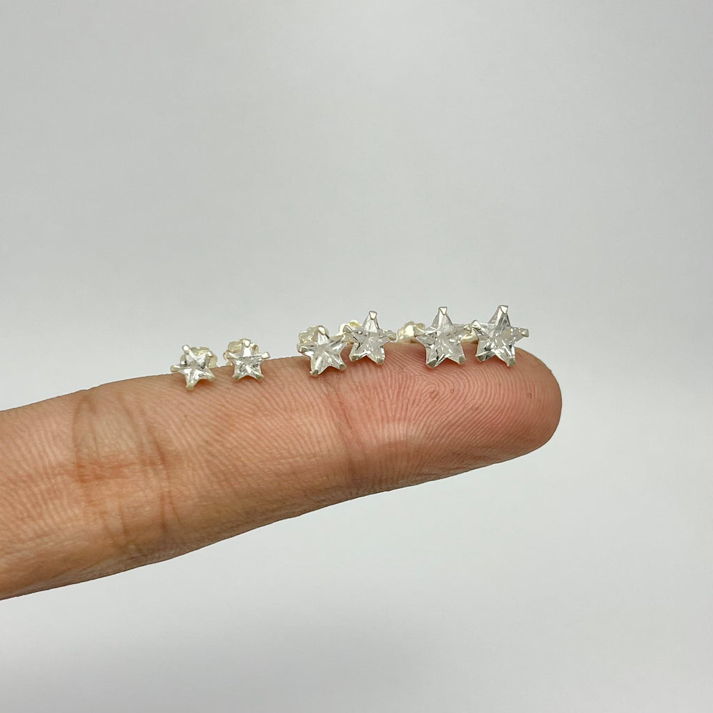 CZ Stone Star Studs - 925 Sterling Silver | Screw Back | 3mm 5mm 7mm