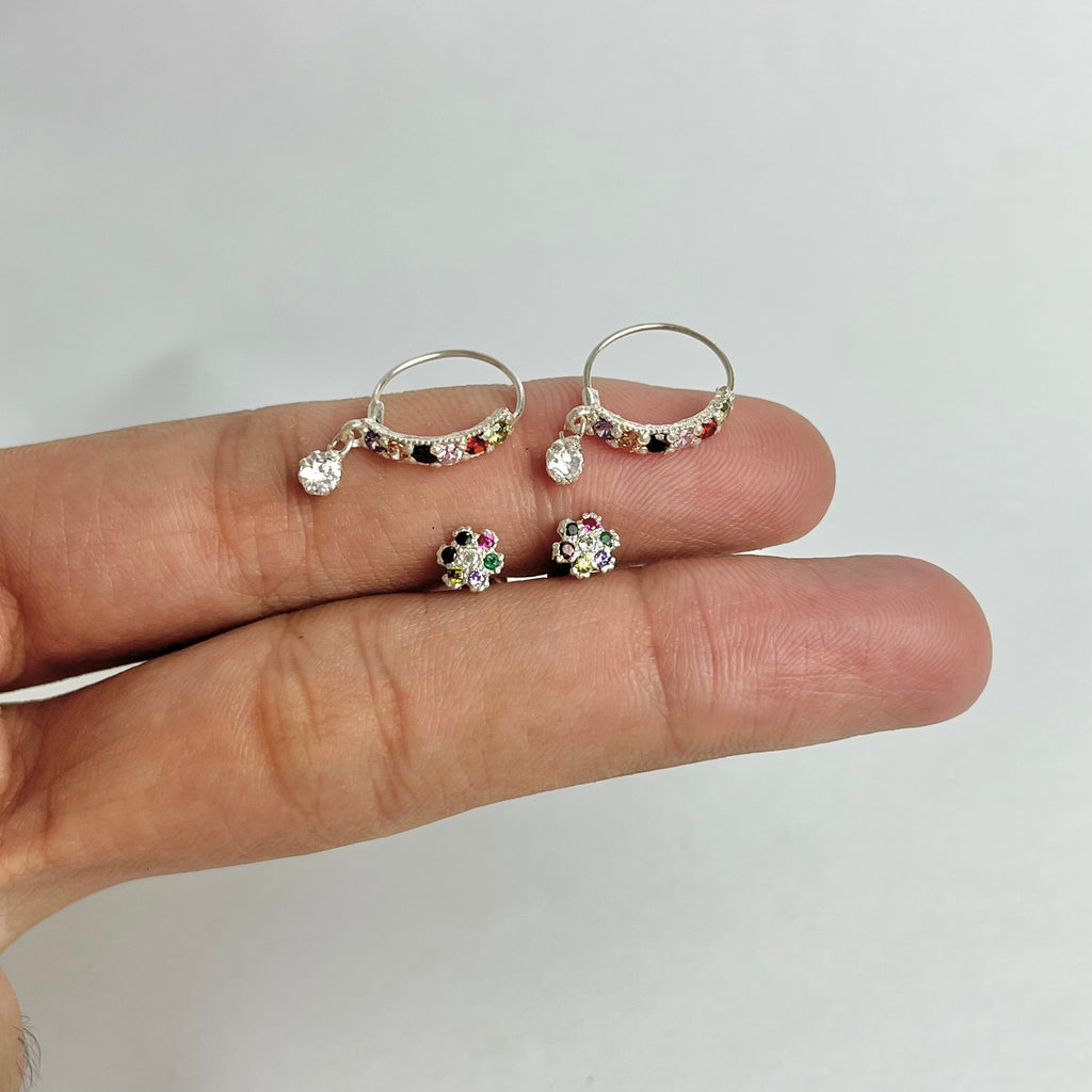 The Rainbow Set – Pavé Hoops & Flower Studs | 925 Sterling Silver | 2 Pairs