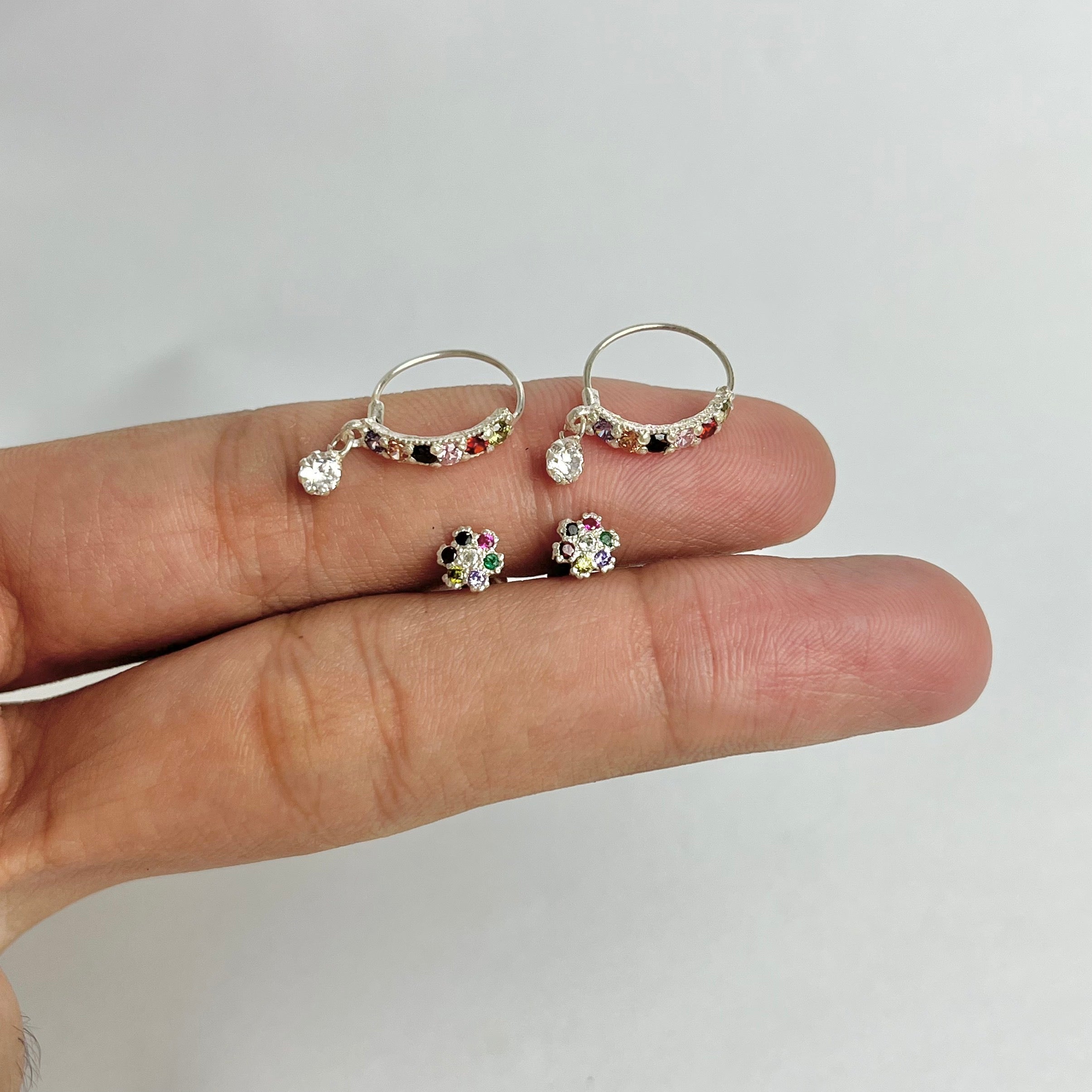 The Rainbow Set – Pavé Hoops & Flower Studs | 925 Sterling Silver | 2 Pairs