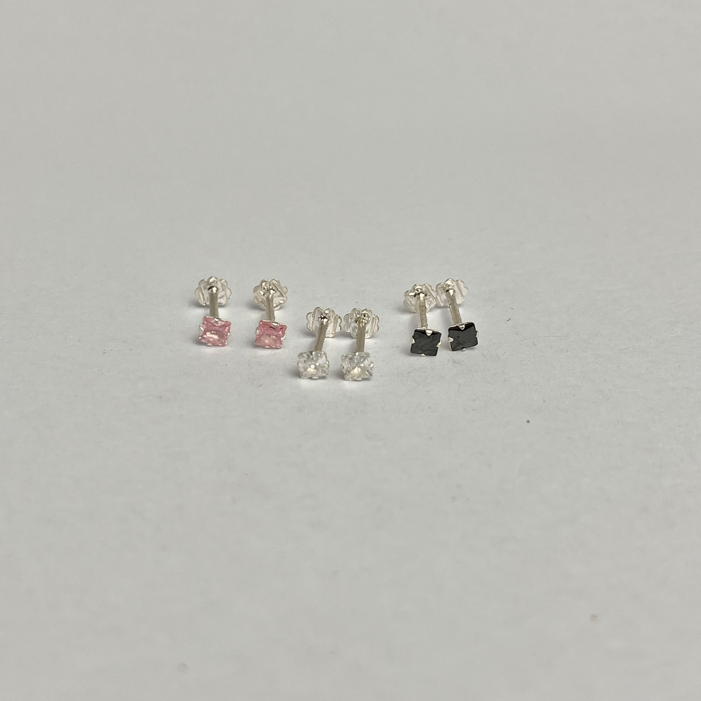 Square Stone Studs - 925 Sterling Silver | Black Pink Clear | Front Screw Lock | 4mm
