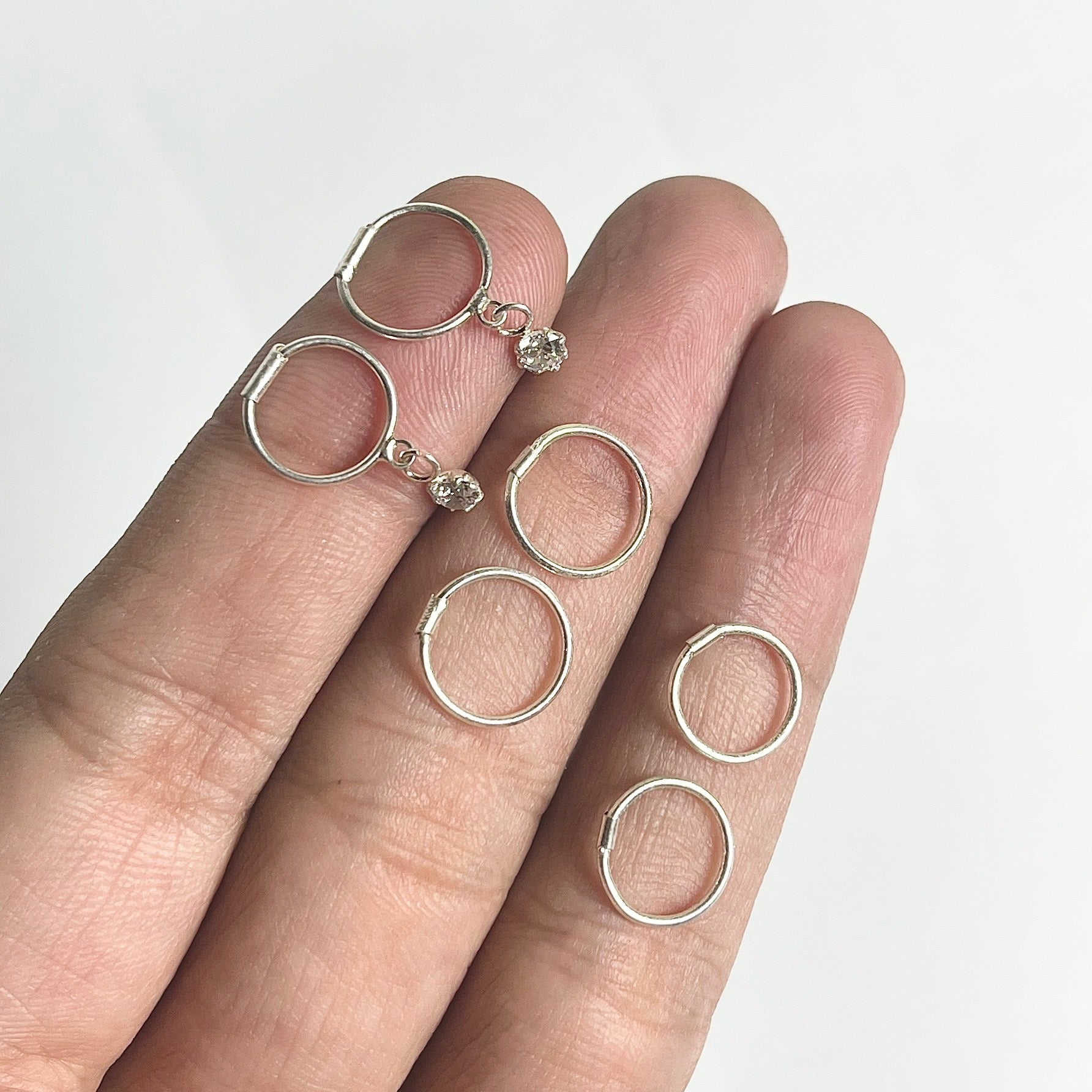 Everyday Silver Hoop Set – 8mm & 10mm Plain Hoops + 10mm Stone Drop Hoops (3 Pairs Minimal Wear)