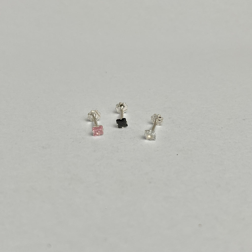 Square Stone Nose Pin — 925 Sterling Silver | Pink Black Clear | 4mm | Front screw