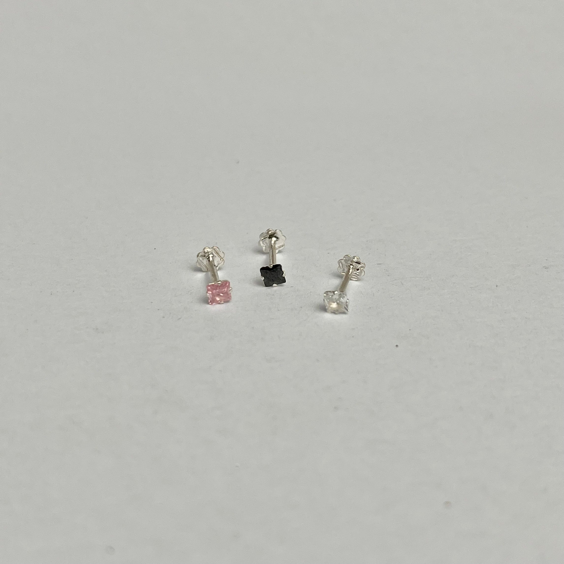 Square Stone Nose Pin — 925 Sterling Silver | Pink Black Clear | 4mm | Front screw