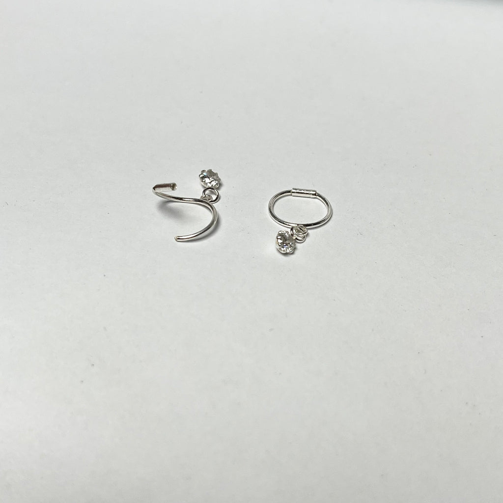 Plain Hanging Stone Hoops + 2mm Studs Set (2 Pairs) – 925 Sterling Silver Minimal Combo