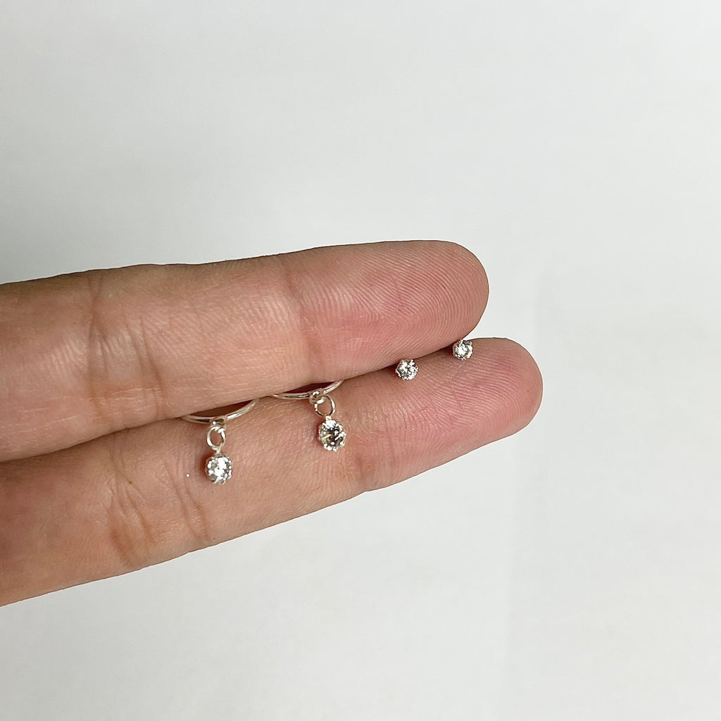 Plain Hanging Stone Hoops + 2mm Studs Set (2 Pairs) – 925 Sterling Silver Minimal Combo