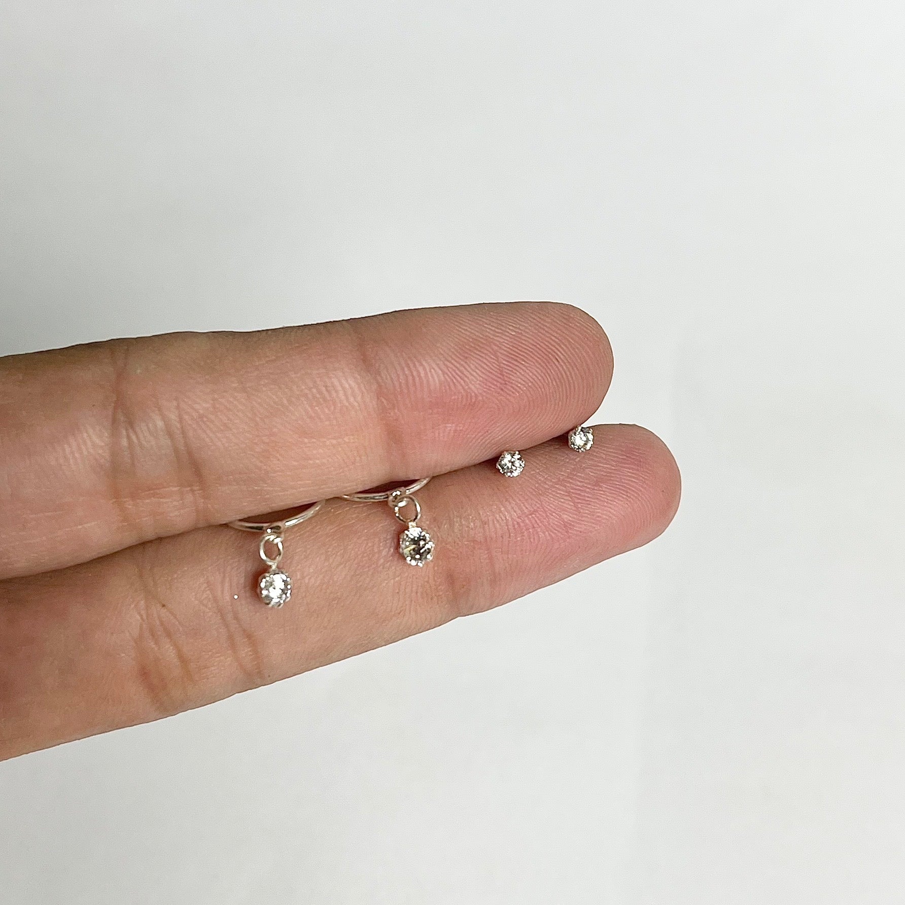 Plain Hanging Stone Hoops + 2mm Studs Set (2 Pairs) – 925 Sterling Silver Minimal Combo