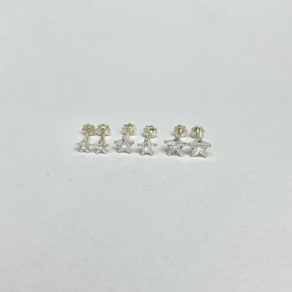CZ Stone Star Studs - 925 Sterling Silver | Screw Back | 3mm 5mm 7mm