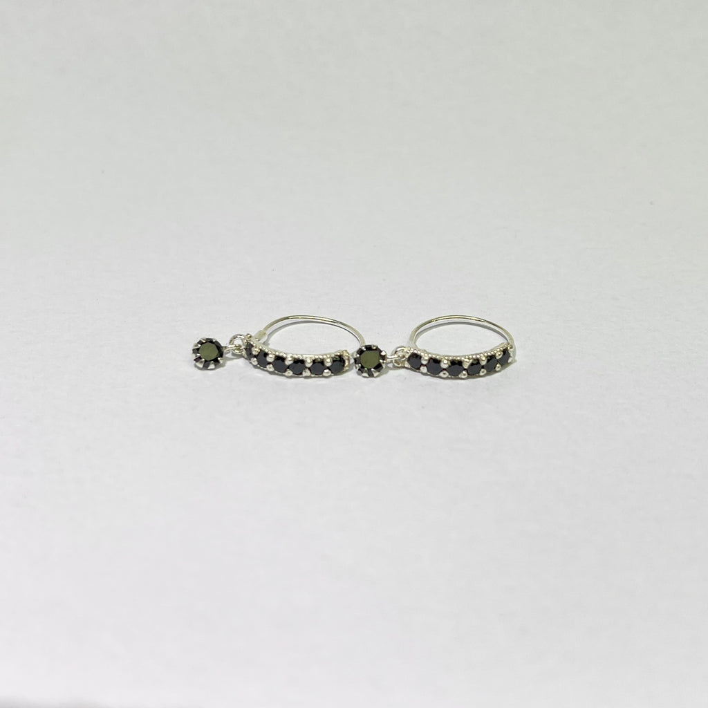 Stone Bar & Drop Hoop Earrings — 925 Silver | Black CZ | 12mm | Nickel-Free | 18G