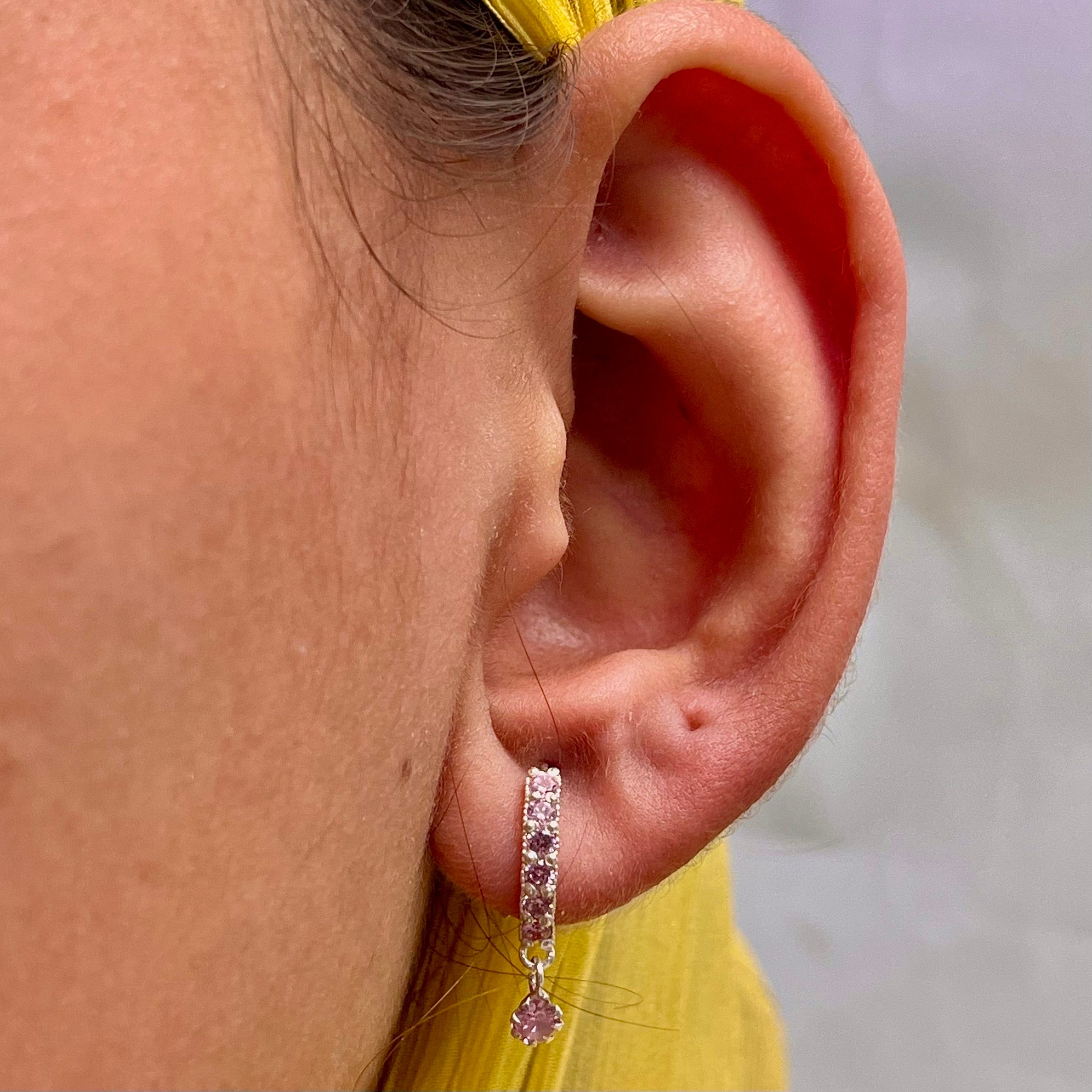 Stone Bar & Drop Hoop Earrings — 925 Silver | Pink CZ | 12mm | Nickel-Free | 18G