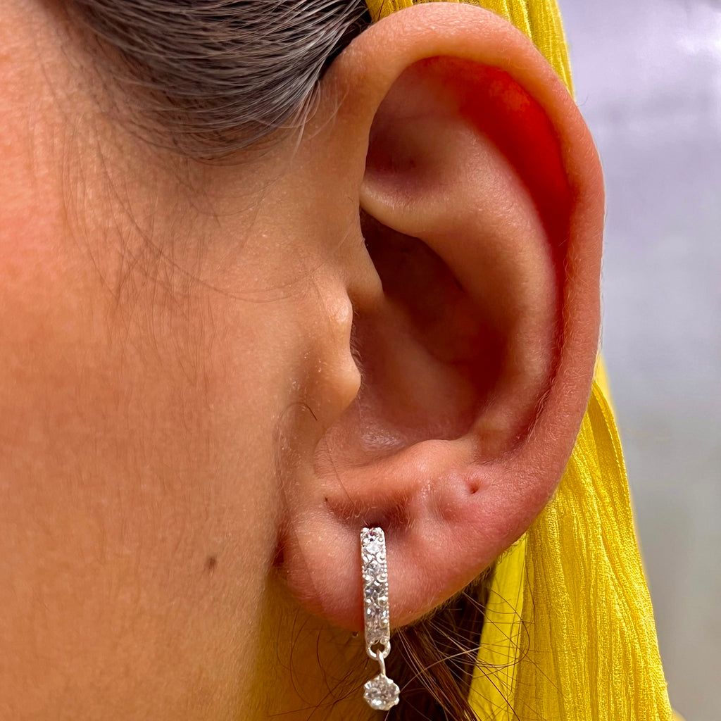 Stone Bar & Drop Hoop Earrings — 925 Silver | Clear CZ | 12mm | Nickel-Free | 18G