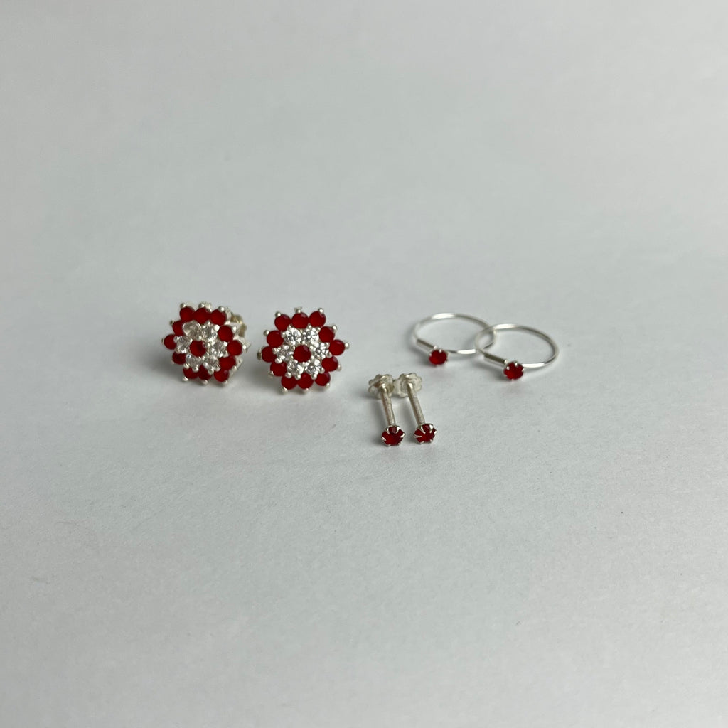 The Red Edit – Flower Studs, 2mm & Hoops | 925 Sterling Silver | 3 Pairs