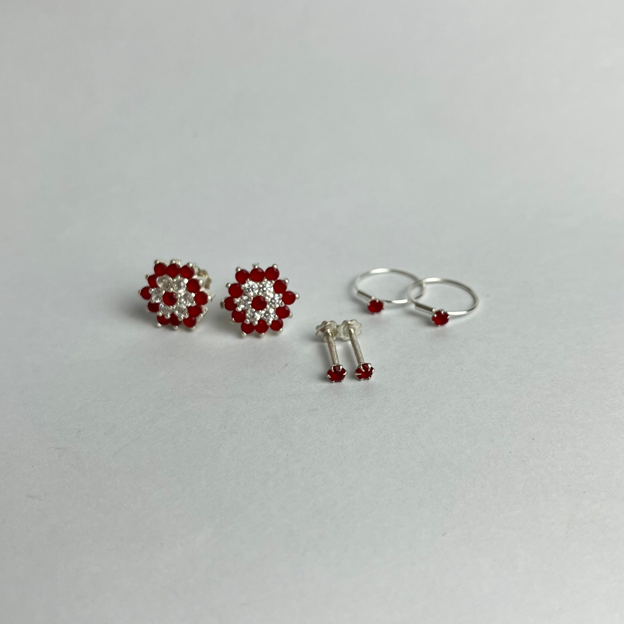 The Red Edit – Flower Studs, 2mm & Hoops | 925 Sterling Silver | 3 Pairs