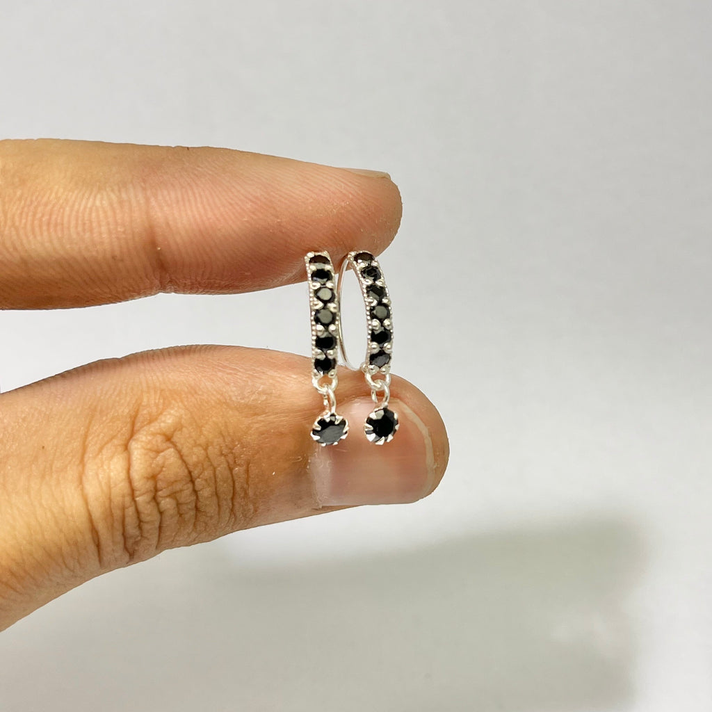 Stone Bar & Drop Hoop Earrings — 925 Silver | Black CZ | 12mm | Nickel-Free | 18G