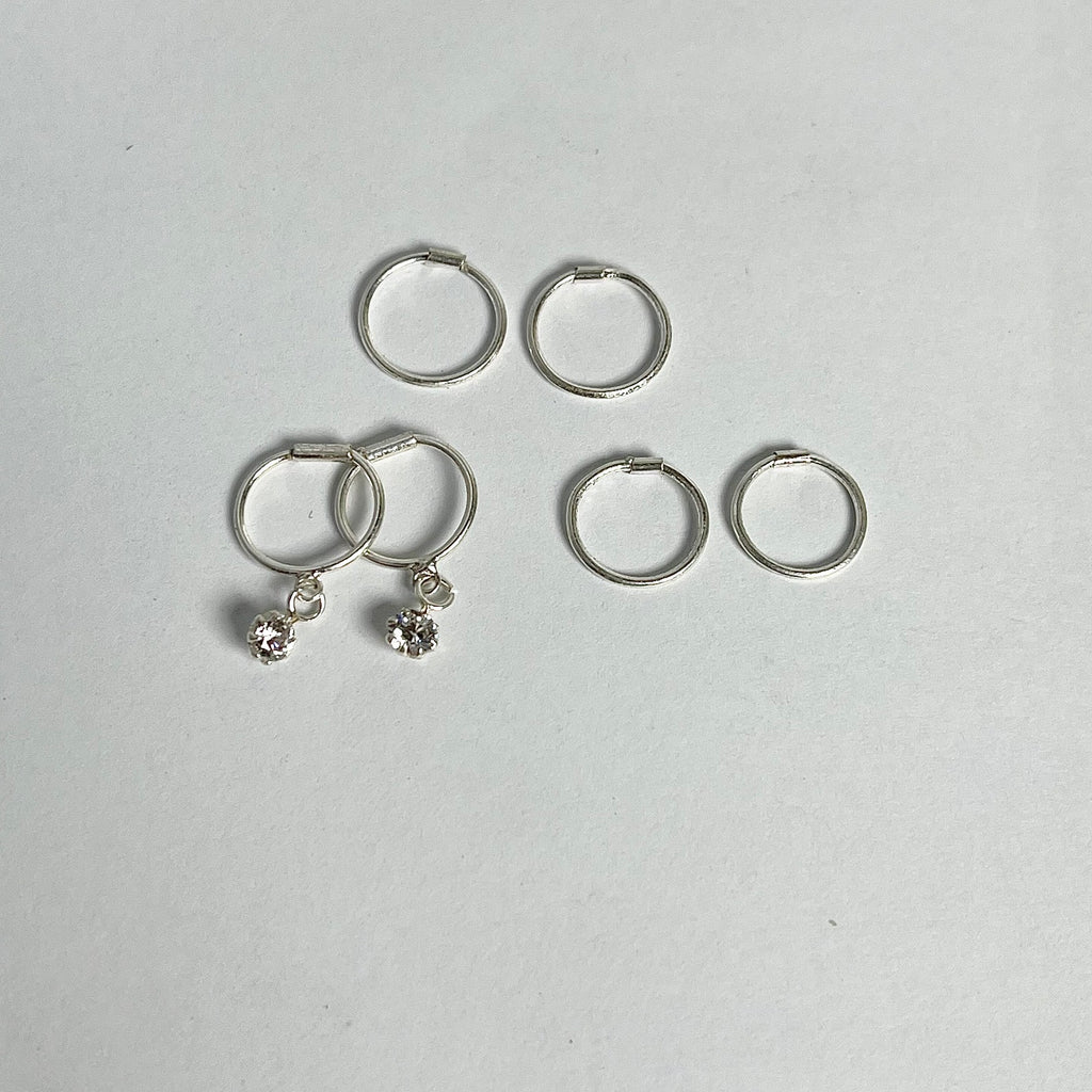 Everyday Silver Hoop Set – 8mm & 10mm Plain Hoops + 10mm Stone Drop Hoops (3 Pairs Minimal Wear)