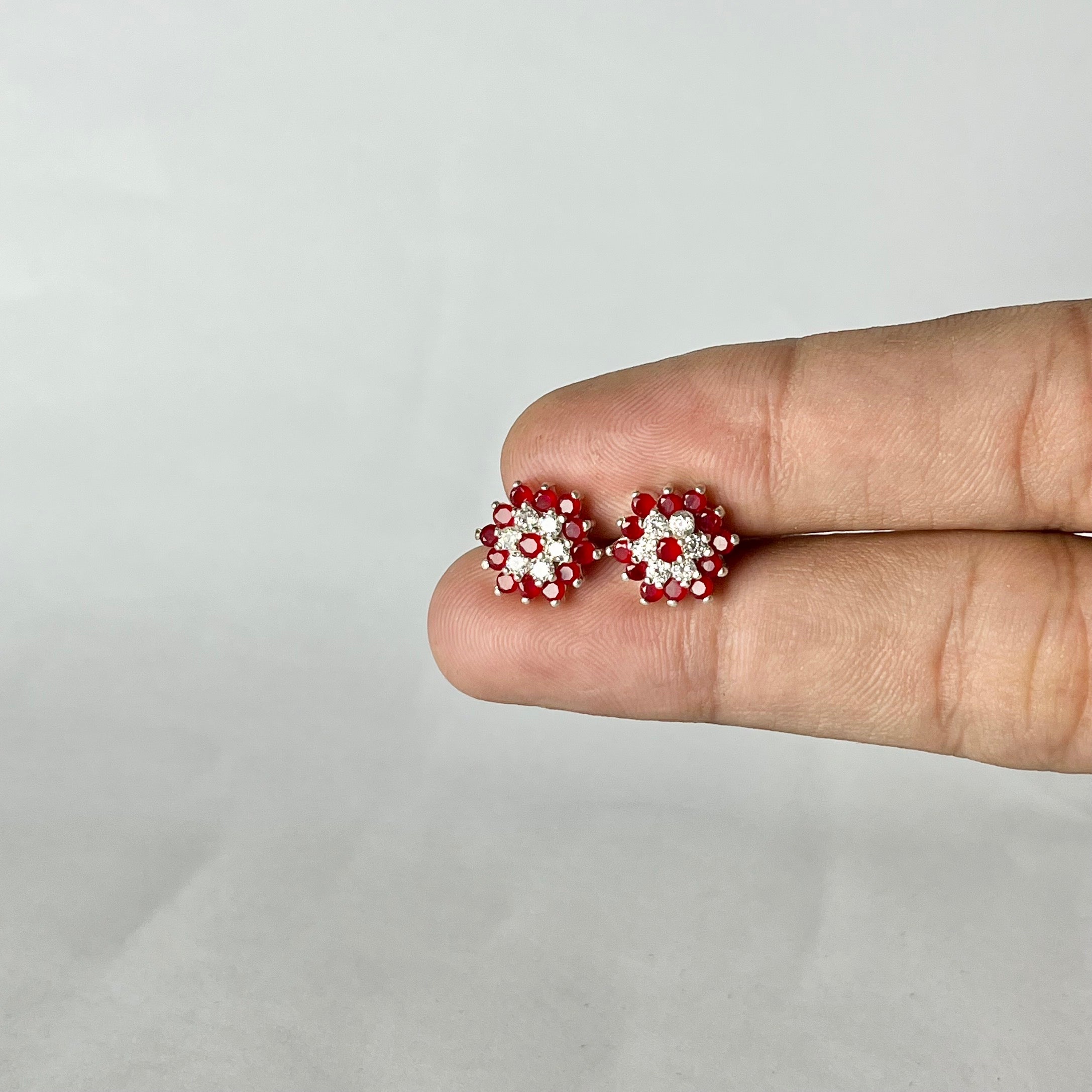 Hexagon Full Stone Studs — 925 Sterling Silver | Red & White CZ | 12mm | Nickel-Free | Screw Back