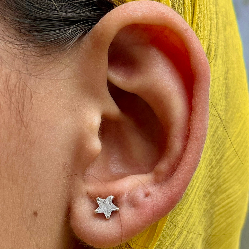 CZ Stone Star Studs - 925 Sterling Silver | Screw Back | 3mm 5mm 7mm