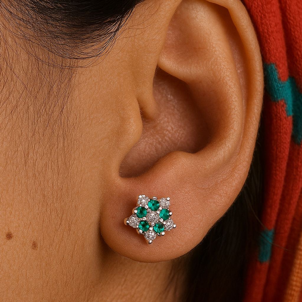 chandi daily wear green zircon flower studs for sensitive skin, 11 tiny stones, ideal for baby girls, teens, and women in Pakistan