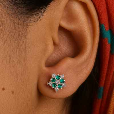 chandi daily wear green zircon flower studs for sensitive skin, 11 tiny stones, ideal for baby girls, teens, and women in Pakistan