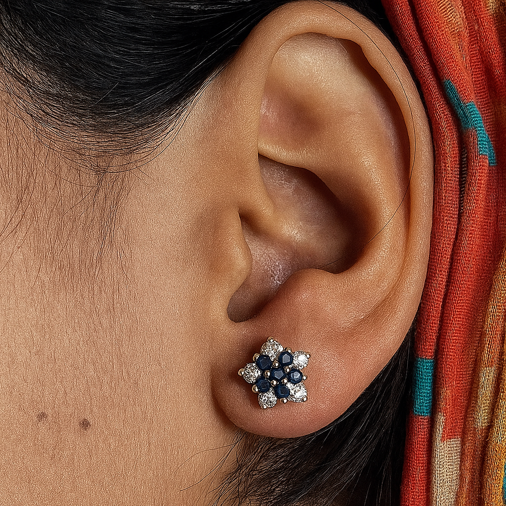 Mini black and white zircon earrings in sterling silver, anti-allergy daily wear studs for lobe, helix, or tragus piercing in Pakistan

