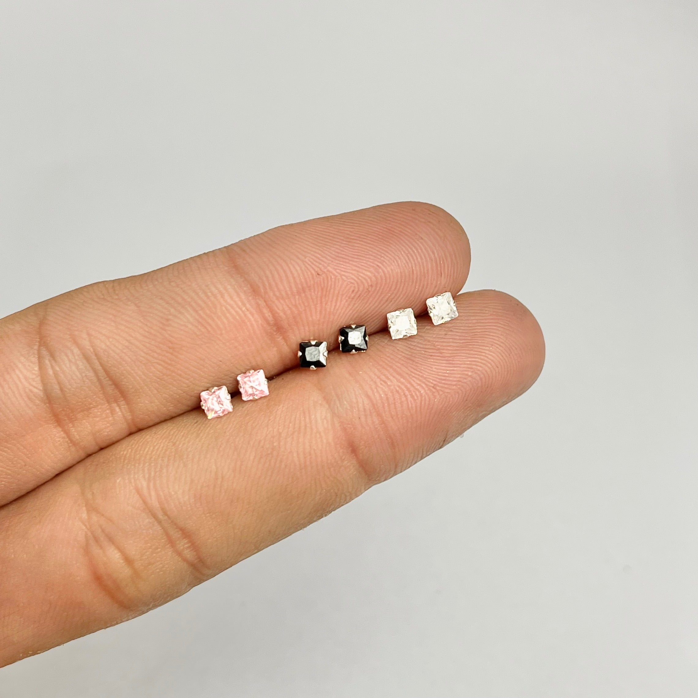Square Stone Studs - 925 Sterling Silver | Black Pink Clear | Front Screw Lock | 4mm