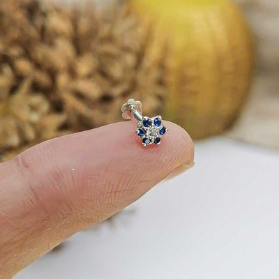 blue stone tiny flower nosepin screw back silver