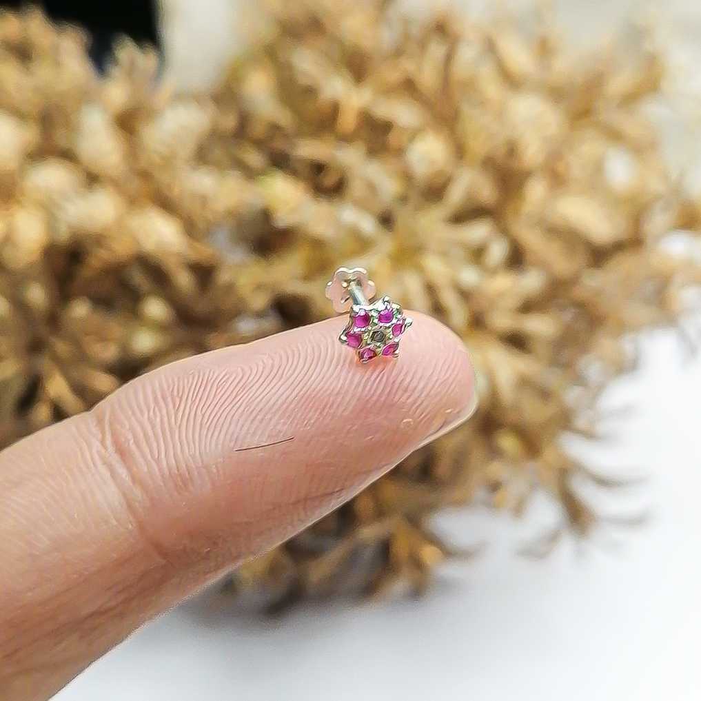 silver massionate tiny flower nosepin 5mm pink stone