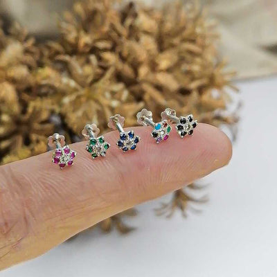 silver massionate tiny flower nosepin 5mm white, blue, green, multi black and pink stone