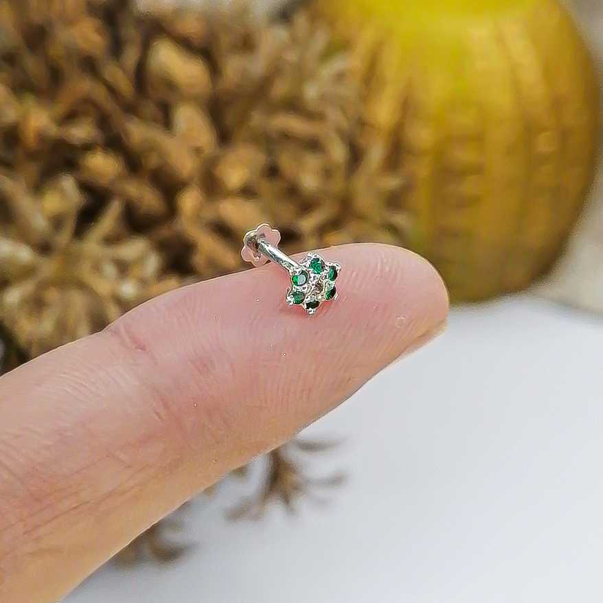green silver tiny flower nose pin with screw back design