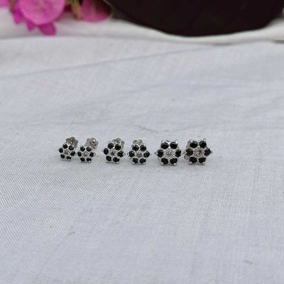 3-Pair Silver Black Flower Stud Earrings set