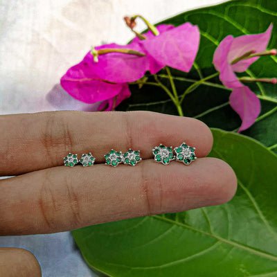 Hypoallergenic silver studs with green stone 3pairs stud earrings set
