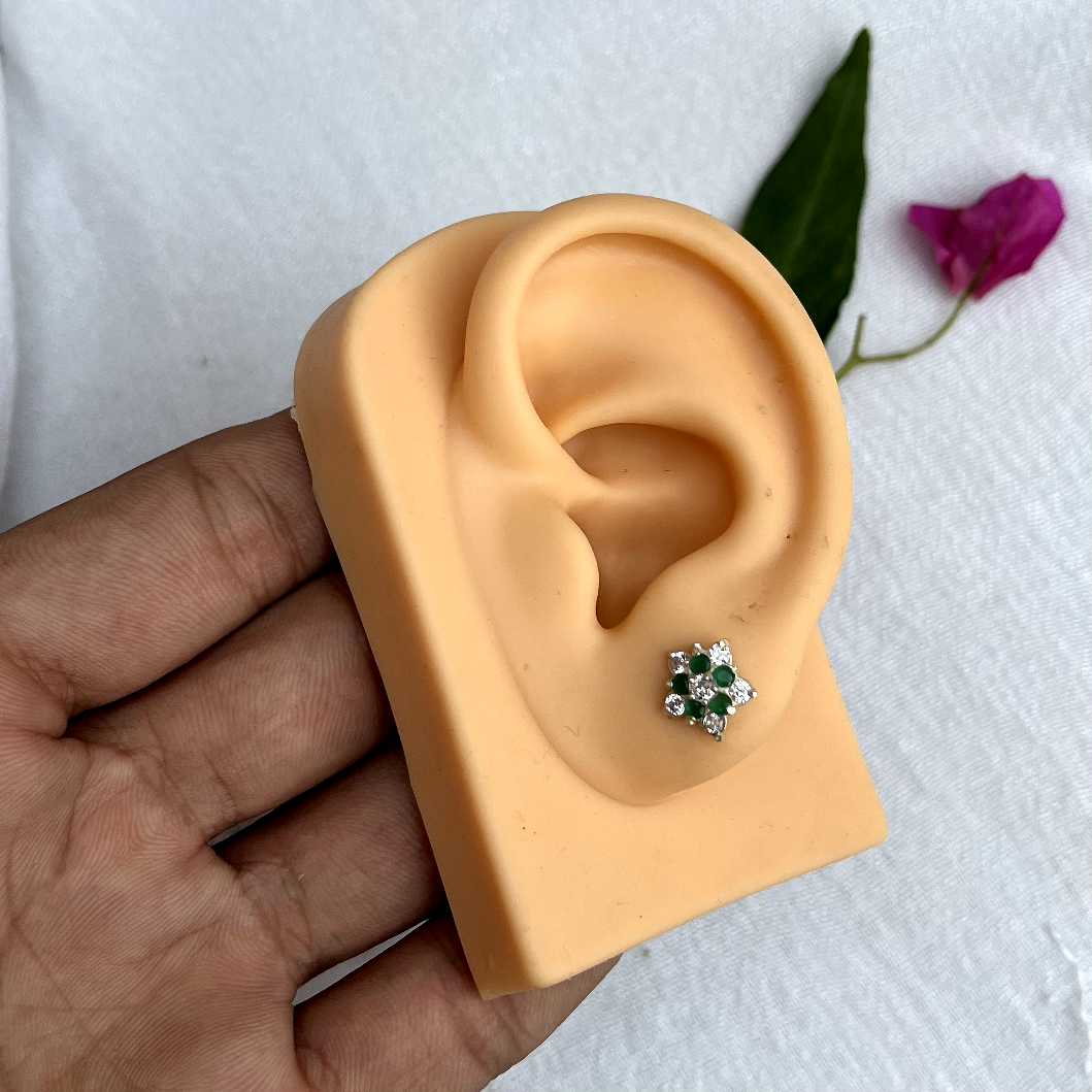 Green white Flower Chandi Stud Earrings