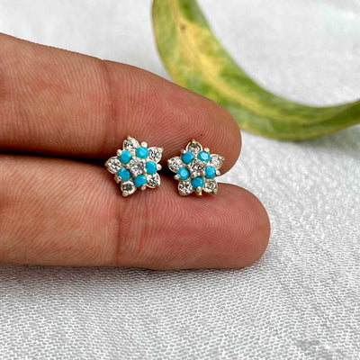 Ferozi & White Flower Chandi Stud Earrings