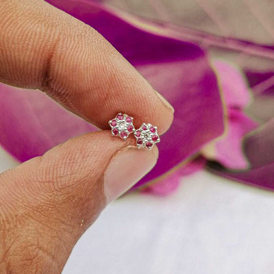 polished silver pink flower stud close-up

