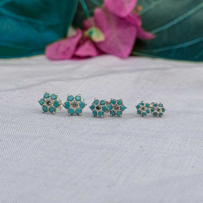 5mm 7mm and 9mm size 3 pairs silver ferozi flower stud earrings for daily wear

