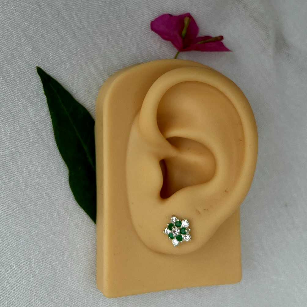 Green white Flower Chandi Stud Earrings
