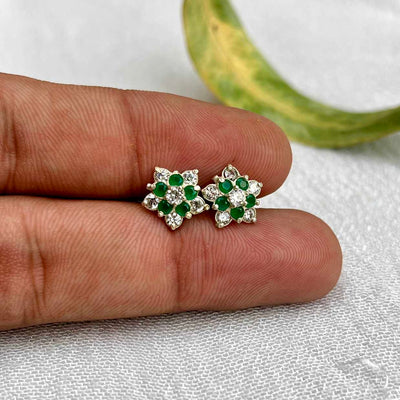 Green white Flower Chandi Stud Earrings