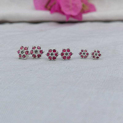5mm, 7mm and 9mm pink flower stud on lobe piercing set

