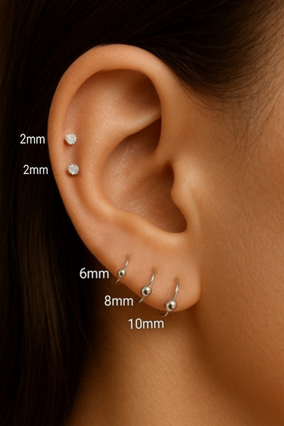 3Pairs Ball hoops 2Pairs 2mm Silver Stud Earrings (5Pairs Set)