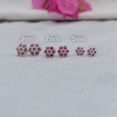 silver pink flower stud earrings set of three–5mm 7mm 9mm set

